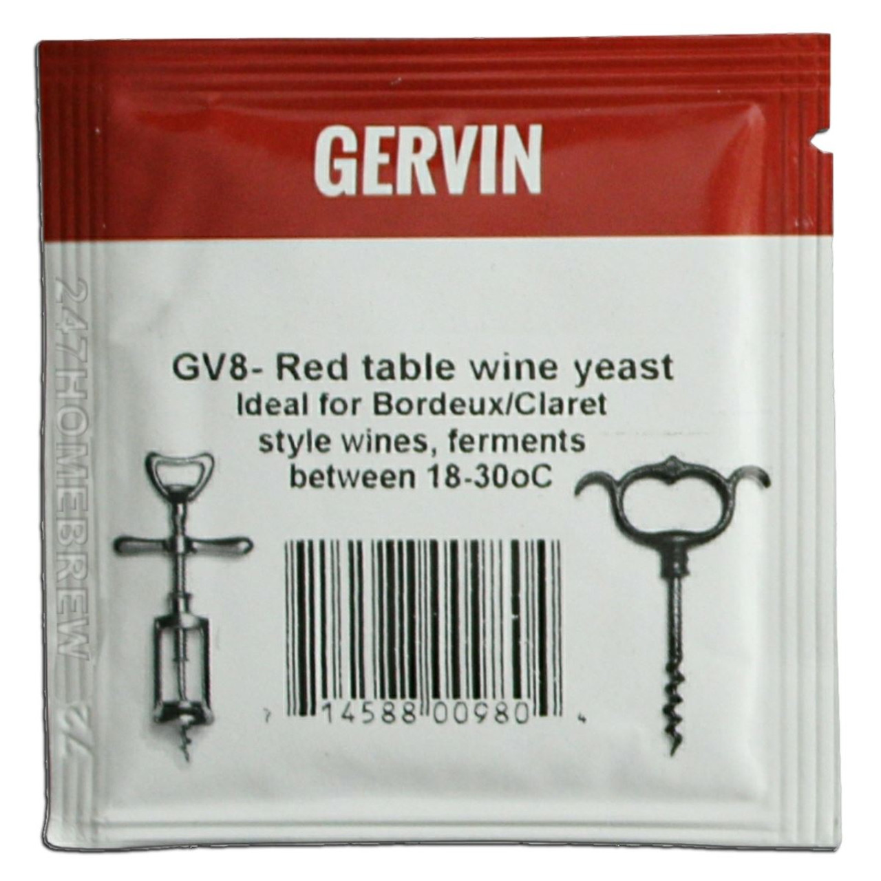Gervin GV8 Wine Yeast 5g Red Table Wine like Bordeaux or Claret 5-23L
