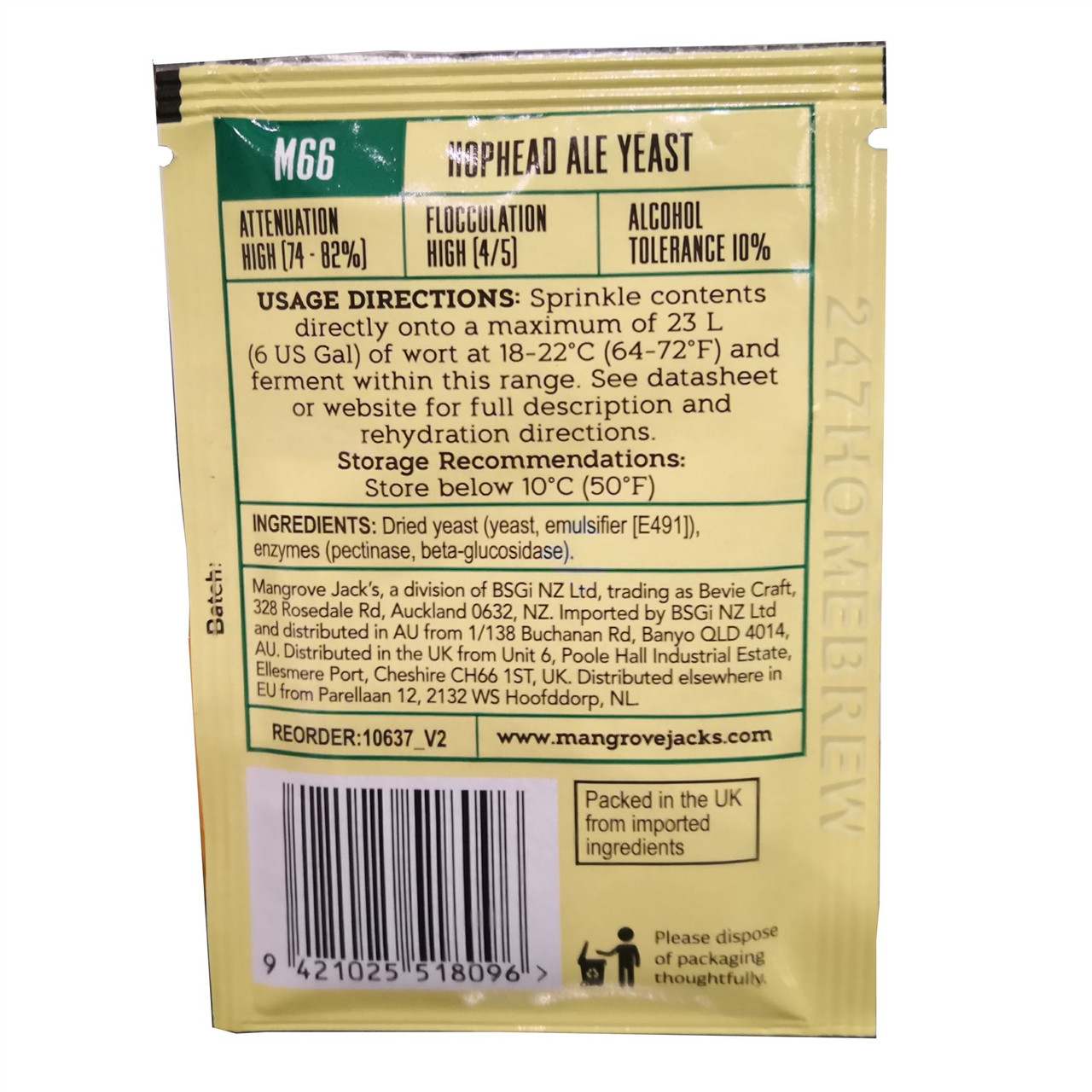 Mangrove Jacks Yeast Hophead Ale Yeast M66 Craft Series Yeast 10g treats 23L