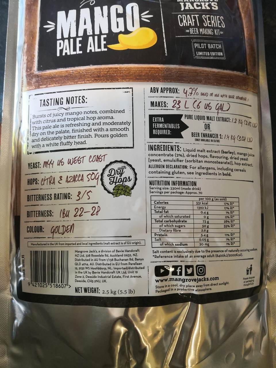 Mangrove Jacks Mango Pale Ale Craft Beer Kit Pouches 23L 4.7% ABV