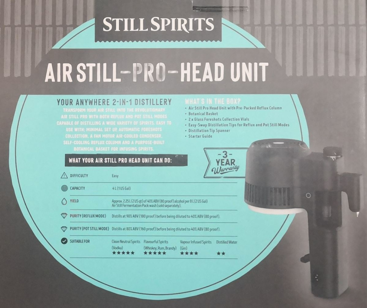 Still Spirits Air Still Pro Head Unit UK 220v with a pre-packed reflux column