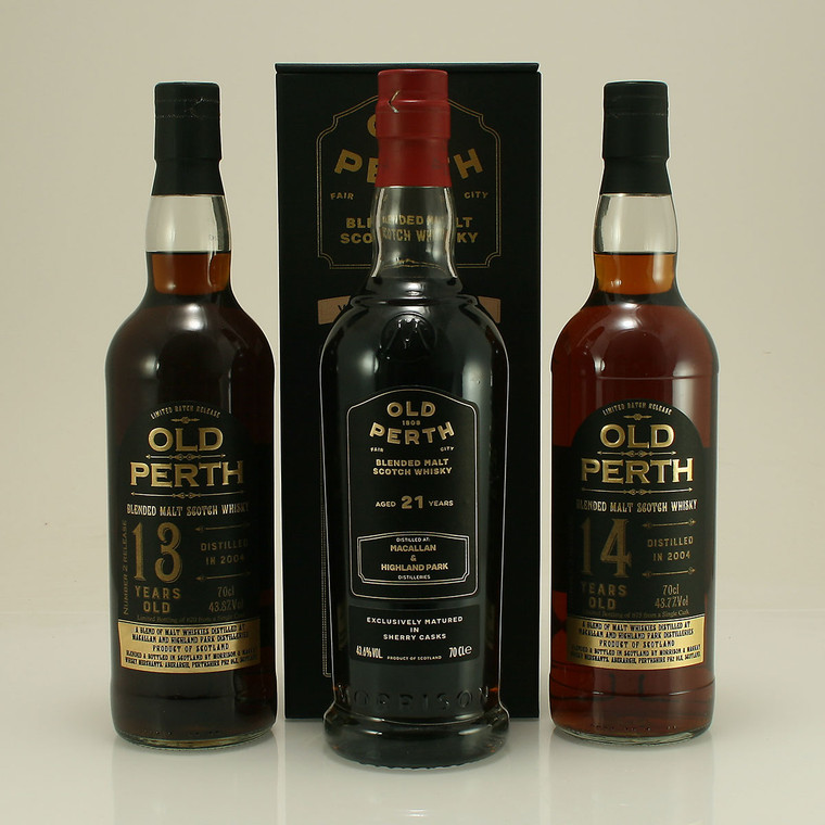 Old Perth Set of 3 - 13, 14 and 21 year old Blended Malt Scotch Whisky from Macallan and Highland Park 3x70cl