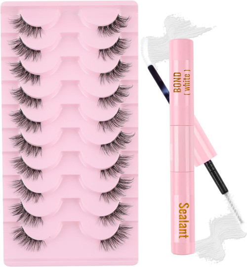 Demi Wispies  Half Lashes with Glue Eyelashes Clear Band 10 Pairs Cat Eye Lashes Kit Demi Wispies  Half Lashes with Glue Eyelashes Clear Band 10 Pairs Cat Eye Lashes Kit