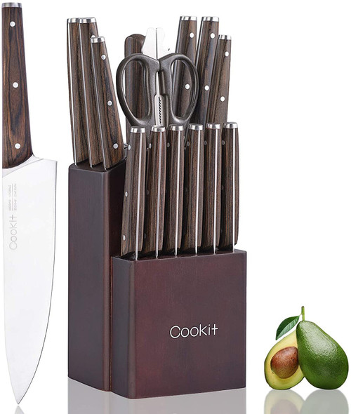 Kitchen Knife Sets, Cookit 15 Piece Knife Sets with Block for Kitchen Chef Knife Stainless Steel Knives Set Serrated Steak Knives with Manual Sharpener Knife