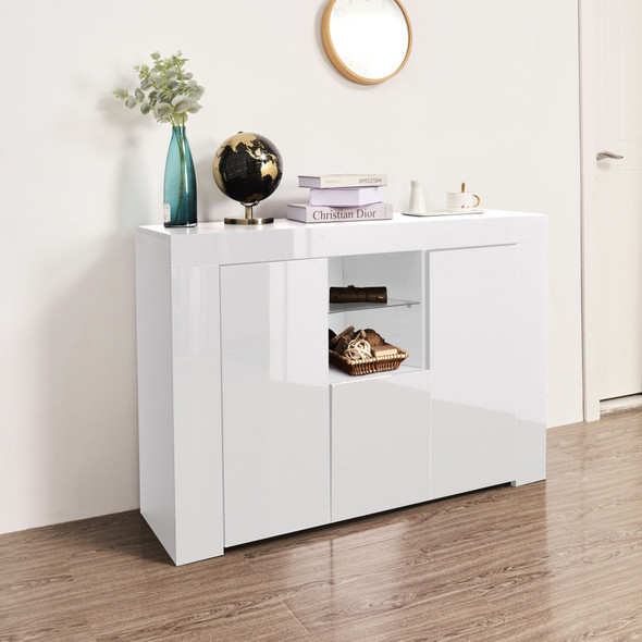 Kitchen Sideboard Cupboard with LED Light; White High Gloss Dining Room Buffet Storage Cabinet Hallway Living Room TV Stand Unit Display Cabinet with Drawer and 2 Doors
