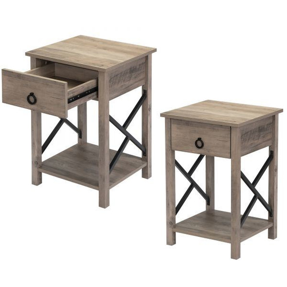 Set of 2 Farmhouse Wood Nightstand, Bed Sofa Side Table with Drawer, X-Shape Metal Sides, Square End Table Furniture for Living Room Bedroom Office XH