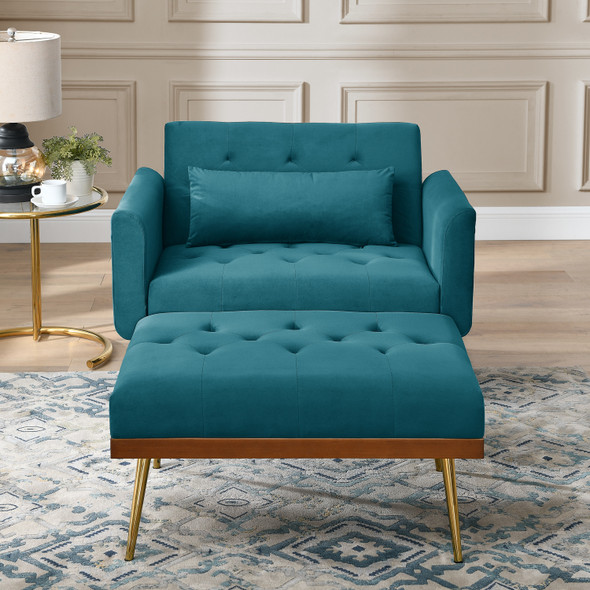 Recline Sofa Chair with Ottoman;  Two Arm Pocket and Wood Frame include 1 Pillow;  Teal (40.5'x33'x32')