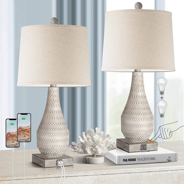 Resin Gray Desk Lamp Set of 2 with Dual USB Ports