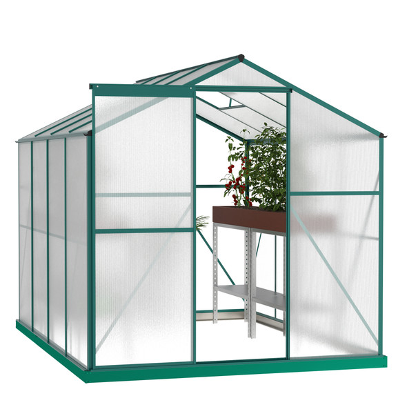 6 x 8 FT Polycarbonate Greenhouse with Roof Vent for Outdoors Gardening Canopy Plants Shed, Silver/Green