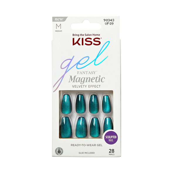 Kiss Gel Fantasy Magnetic Medium Coffin Sculpted Gel Nails, Glossy Dark Blue, 28 Count
