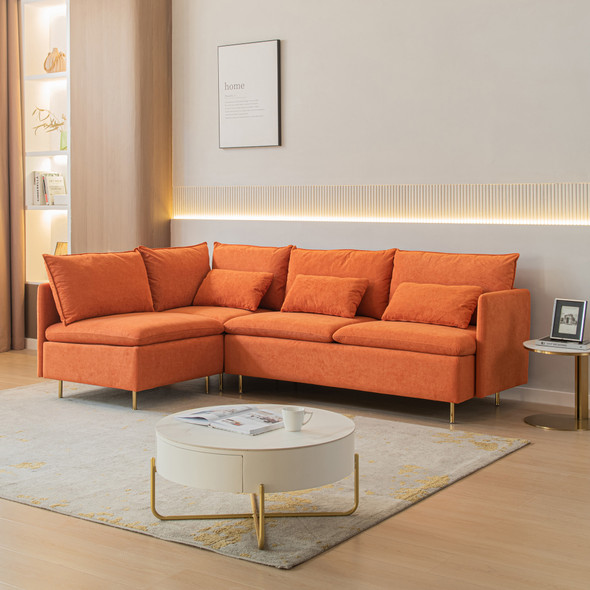 Modular L-shaped Corner sofa;  Left Hand Facing Sectional Couch ; Orange Cotton Linen-90.9''