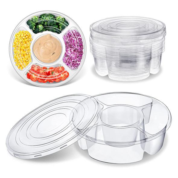 12 Pcs Round Appetizer Serving Trays With Lids 5 Compartment Container Fruit Vegetable Divided Storage Organizer