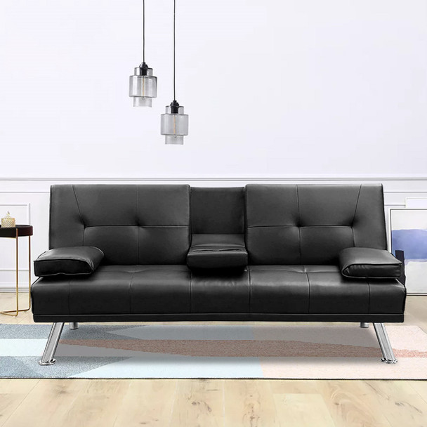 MEGA Futon Sofa Bed; Modern Faux Leather Convertible Folding Lounge Sofa for Living Room with 2 Cup Holders Removable Soft Armrests and Sturdy Metal Legs; Charming Black.