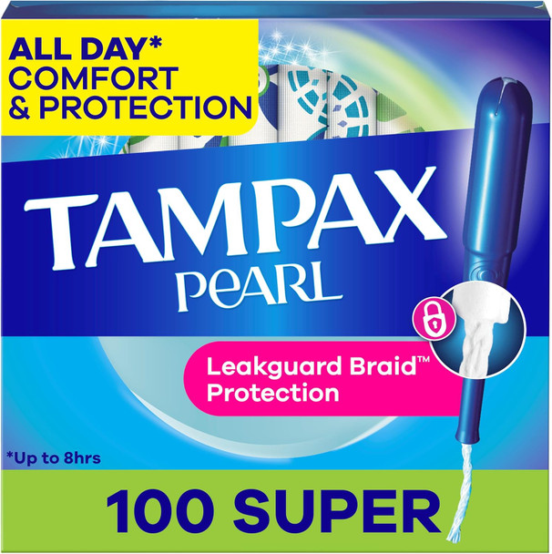 Tampax Pearl Tampons for Women, with LeakGuard Braid, Super Absorbency, Unscented, 100 Count(2 packs of 50)