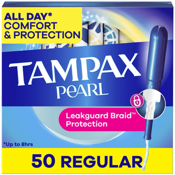 Tampax Pearl Tampons Regular Absorbency, with LeakGuard Braid, Unscented, 100 Count(2 packs of 50)