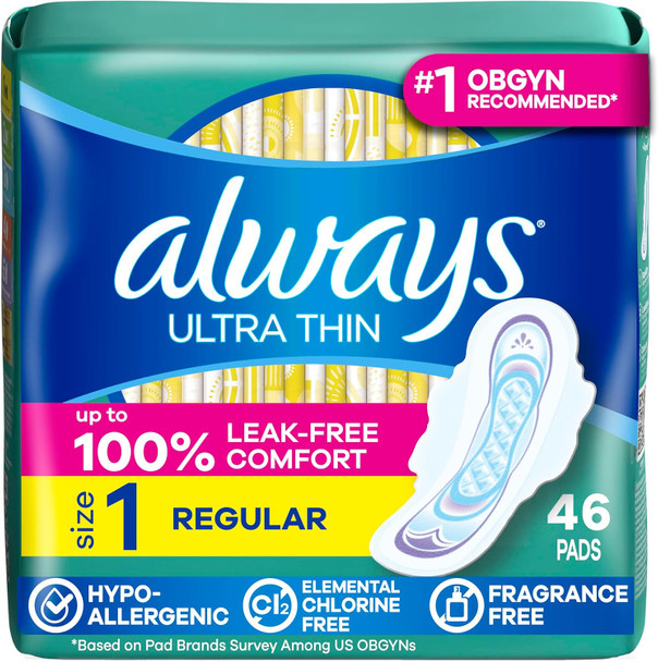 Feminine Pads for Women, Ultra-Thin with Flexi-Wings, Unscented, Size 1, Absorbent, 184 Count (4 packs of 46)