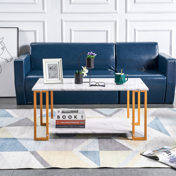  Coffee Table;  2 Layers 1.5cm Thick Marble MDF Rectangle 39.37" L Tabletop Iron Coffee Table ;  Dining Room;  Coffee Shop;  Resterant;  White Top;  Gol