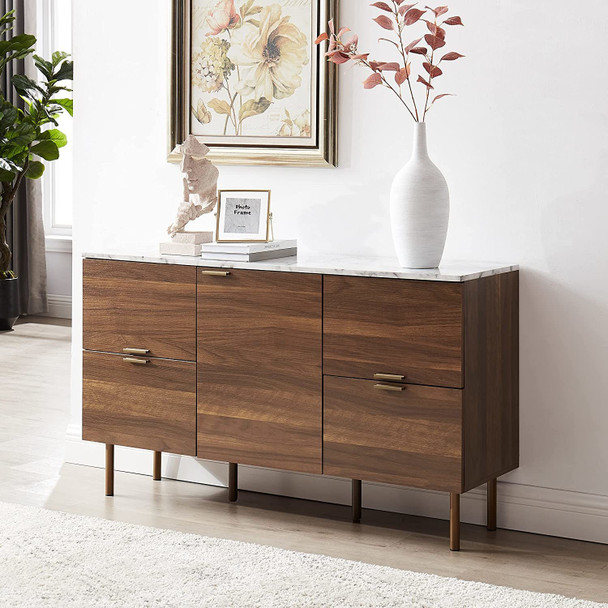 Credenza Sideboard Buffet Console Storage Cabinet 48" Wide 4 Drawers and 1 Door, Faux Marble Top
