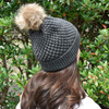Dark Gray Bubble Knit Pom Beanie - Embroidered