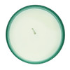 An overhead, top-down view of the unlit candle, showing the single lead-free wick centered in the smooth, white soy wax inside the frosted green jar.