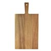 Acacia wood serving board with handle isolated on white; flat reversible side visible
