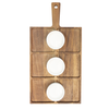 Serving board with three integrated circular ramekin wells, empty, with hanging handle