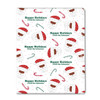 A flat swatch of the custom holiday wrapping paper, clearly showing the pattern of diverse Santa heads, candy canes, and the personalized "Happy Holidays, From the Johnsons" greeting.