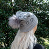 Gray Leopard Pom Beanie - Embroidered