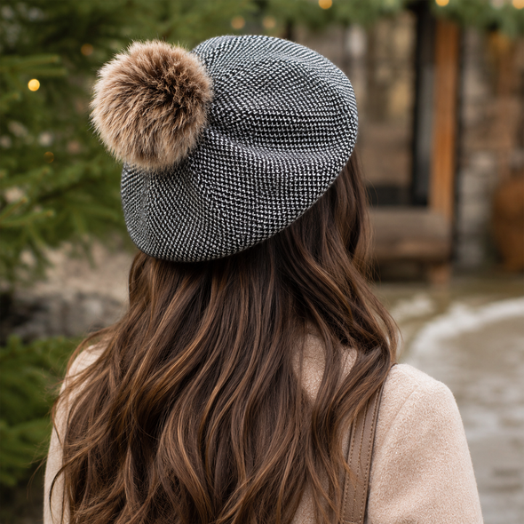 Knit Pom Beret- Tweed