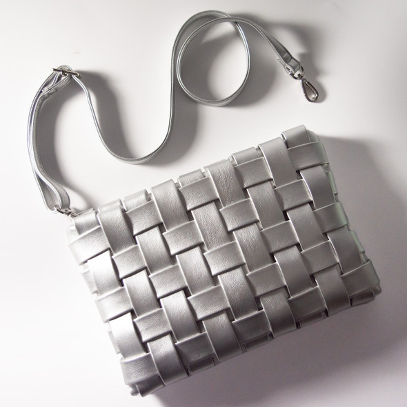 Monroe Woven Clutch/Crossbody- Silver - Vegan Leather Monroe Woven Clutch/Crossbody- Silver - Vegan Leather