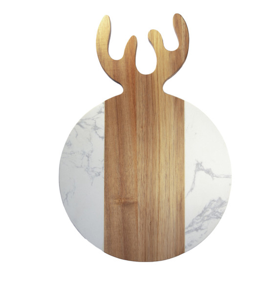 An overhead view of the empty Antler Acacia & Stone Round Board, highlighting the striking contrast between the warm, richly-grained acacia wood and the cool, white quartz stone, topped with a distinctive laser-cut antler handle. An overhead view of the empty Antler Acacia & Stone Round Board, highlighting the striking contrast between the warm, richly-grained acacia wood and the cool, white quartz stone, topped with a distinctive laser-cut antler handle.