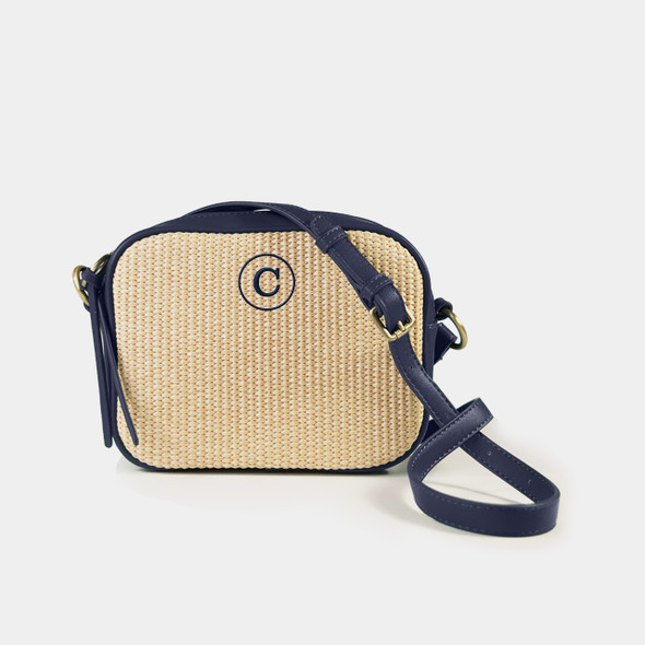 Archer Crossbody - Navy/Raffia - Vegan Leather - Embroidered Archer Crossbody - Navy/Raffia - Vegan Leather - Embroidered