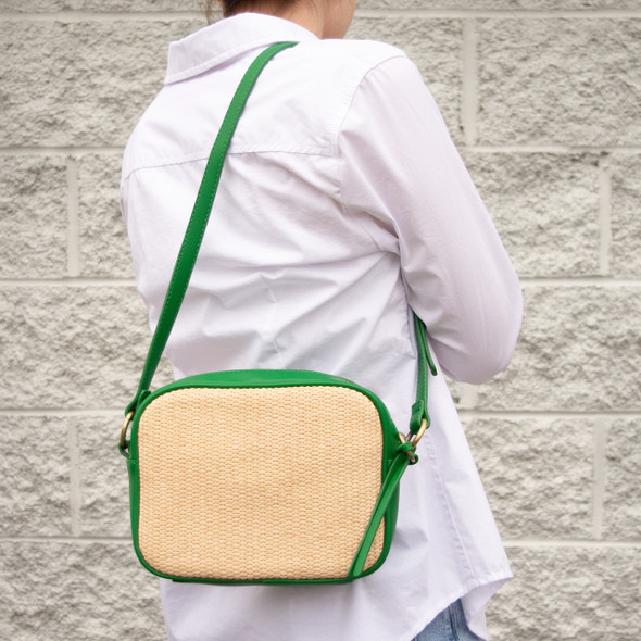 Archer Crossbody - Kelly/Raffia - Vegan Leather - Embroidered Archer Crossbody - Kelly/Raffia - Vegan Leather - Embroidered