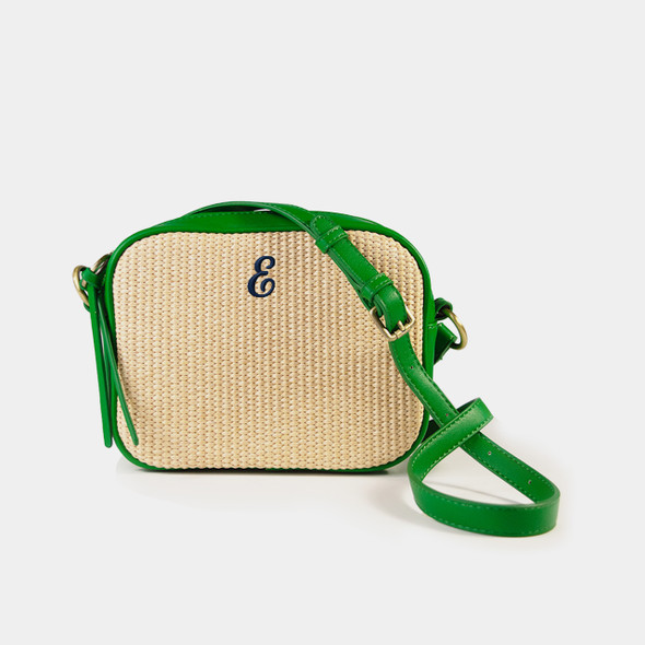 Archer Crossbody - Kelly/Raffia - Vegan Leather - Embroidered Archer Crossbody - Kelly/Raffia - Vegan Leather - Embroidered