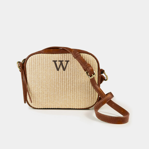 Archer Crossbody - Brown/Raffia - Vegan Leather - Embroidered