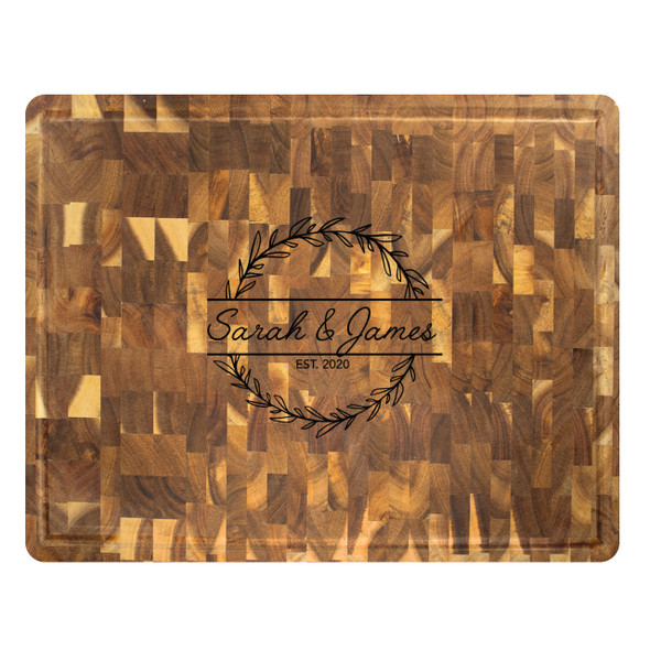 Acacia Rectangular End Grain Board - Engraved Wreath Banner Acacia Rectangular End Grain Board - Engraved Wreath Banner