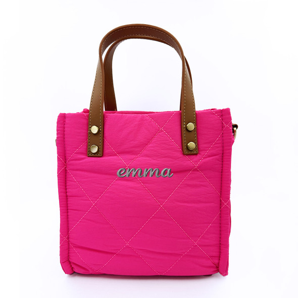 Hot Pink Puffy Lunch Tote - Embroidered
