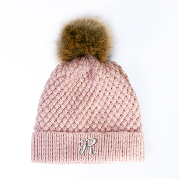 Blush Bubble Knit Pom Beanie - Embroidered Blush Bubble Knit Pom Beanie - Embroidered