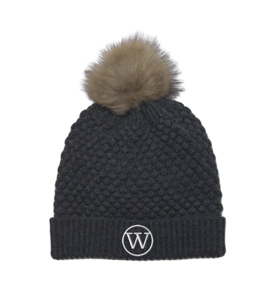 Dark Gray Bubble Knit Pom Beanie - Embroidered Dark Gray Bubble Knit Pom Beanie - Embroidered