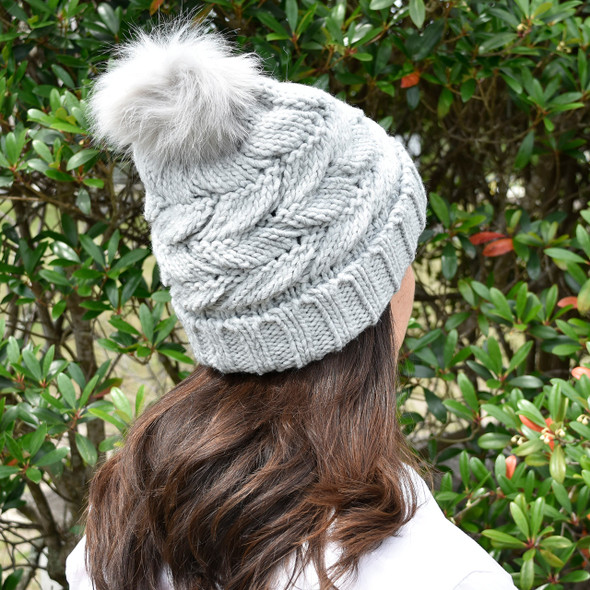 Gray Chunky Zigzag Sweater Pom Beanie - Embroidered Gray Chunky Zigzag Sweater Pom Beanie - Embroidered