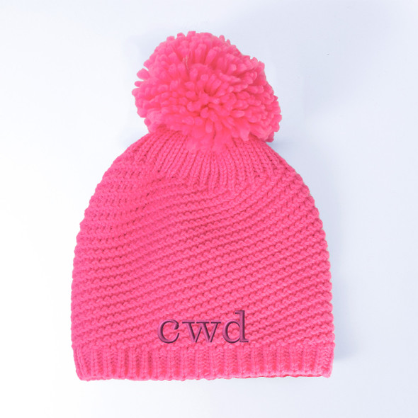 Neon Pink Pom Beanie - Embroidered Neon Pink Pom Beanie - Embroidered