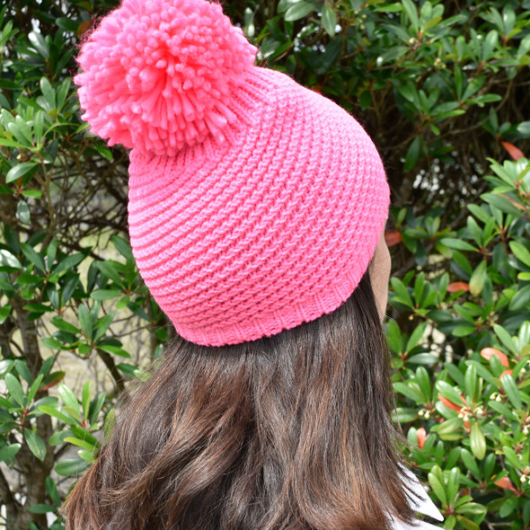 Neon Pink Pom Beanie - Embroidered Neon Pink Pom Beanie - Embroidered