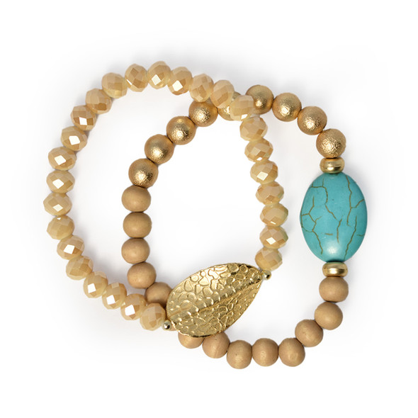 Turquoise & Gilded Leaf Beaded Bracelets Turquoise & Gilded Leaf Beaded Bracelets