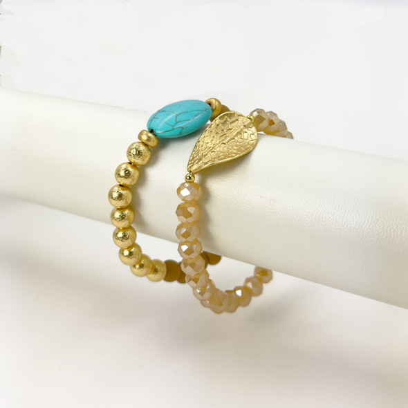 Turquoise & Gilded Leaf Beaded Bracelets Turquoise & Gilded Leaf Beaded Bracelets