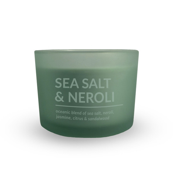 A clear, isolated product shot of the Sea Salt & Neroli candle in its matte sage green glass jar against a plain white background. A clear, isolated product shot of the Sea Salt & Neroli candle in its matte sage green glass jar against a plain white background.