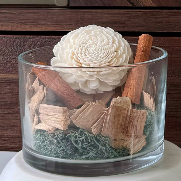 A House & Harbor Potpourri Diffuser is elegantly displayed in a clear glass container filled with natural dried botanicals, including a sola flower, wood chips, cinnamon sticks, and moss, against a dark wood background.