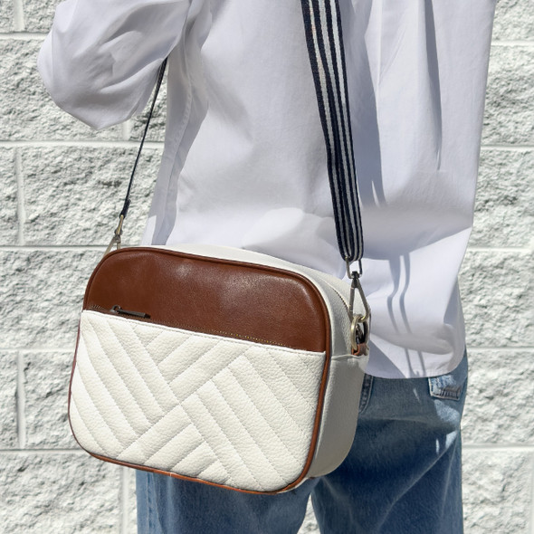 Commuter Crossbody Bag- White/Brown - Stamped Commuter Crossbody Bag- White/Brown - Stamped