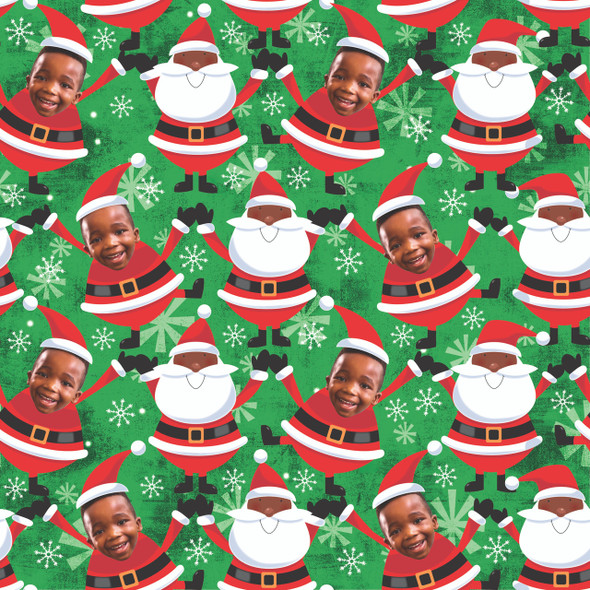 A swatch of the personalized Santa-themed wrapping paper, showcasing the repeating pattern of cheerful cartoon Santas and a custom uploaded photo. A swatch of the personalized Santa-themed wrapping paper, showcasing the repeating pattern of cheerful cartoon Santas and a custom uploaded photo.