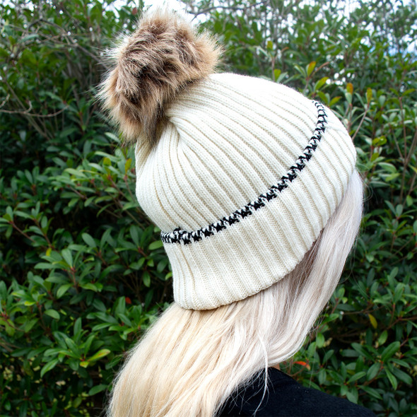 Ivory Sweater Pom Beanie - Embroidered