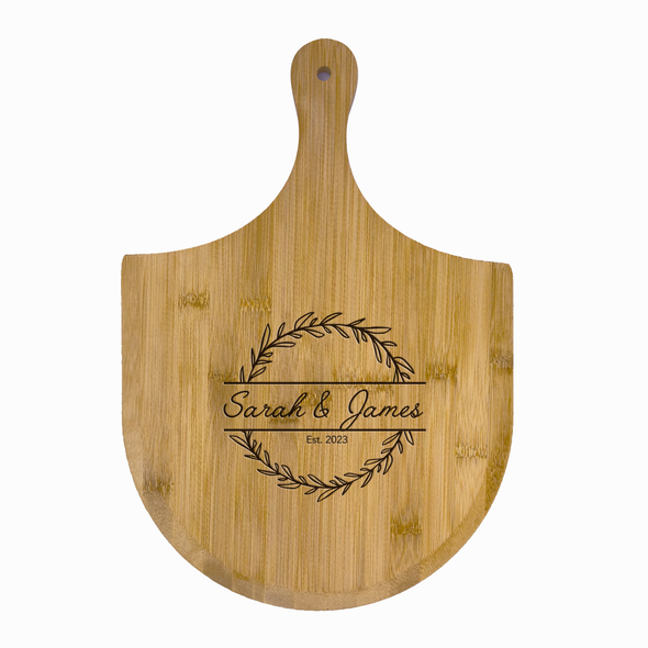 Bamboo Pizza Peel Paddle Board- Engraved Wreath Banner