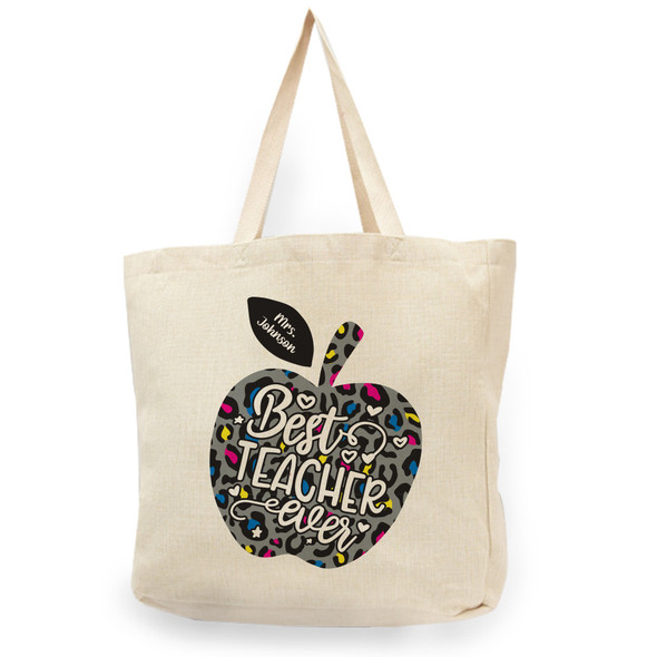 Neon Leopard Best Teacher Natural Shopper Tote Neon Leopard Best Teacher Natural Shopper Tote